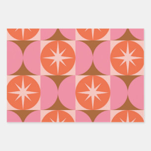 Mid Century Starbursts on Pink Orange Circles Wrapping Paper Sheet