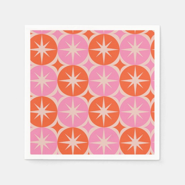 Mid Century Starbursts on Pink Orange Cricles  Napkin (Front)