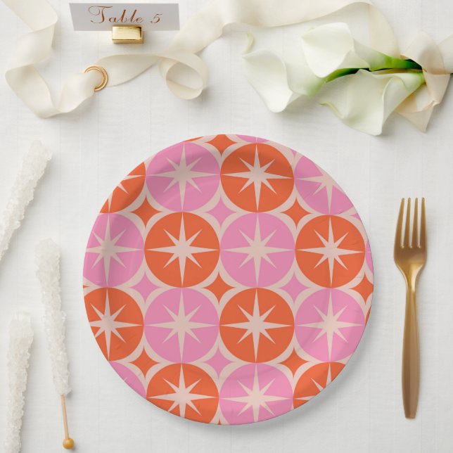 Mid Century Starbursts on Pink Orange Cricles  Paper Plate (Wedding)