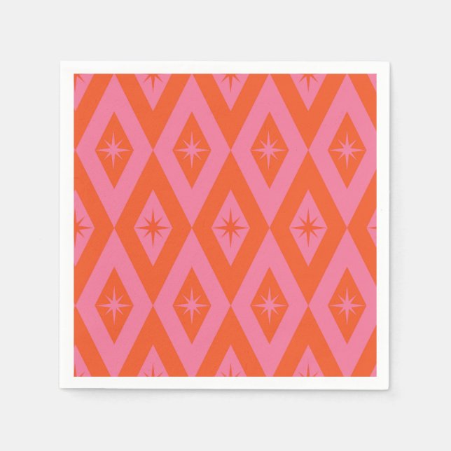 Mid Century Starbursts on Pink Orange Diamonds  Napkin (Front)