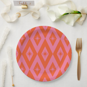 Mid Century Starbursts on Pink Orange Diamonds Paper Plate