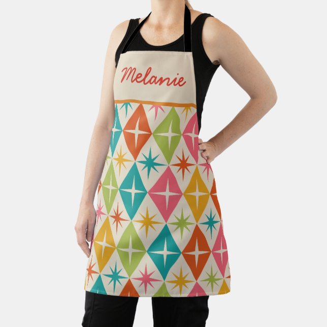 Mid Century Starbursts on Retro Diamonds custom  Apron (Insitu)