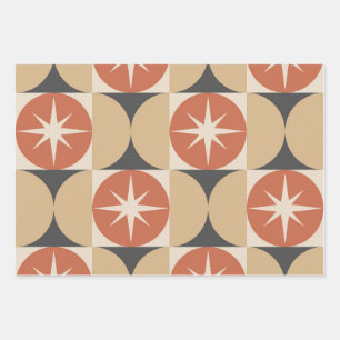 Mid Century Starbursts on Terracotta Tan Circles Wrapping Paper Sheet