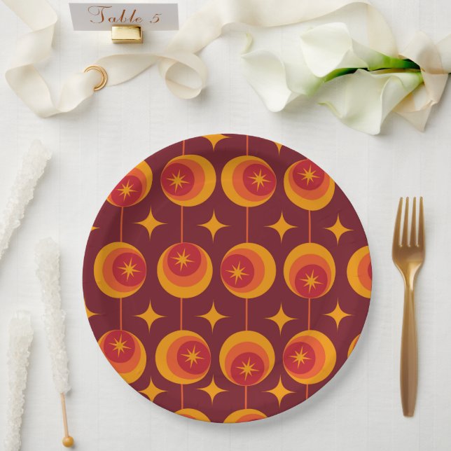 Mid Century Starbursts Pattern on Retro Circles Paper Plate (Wedding)