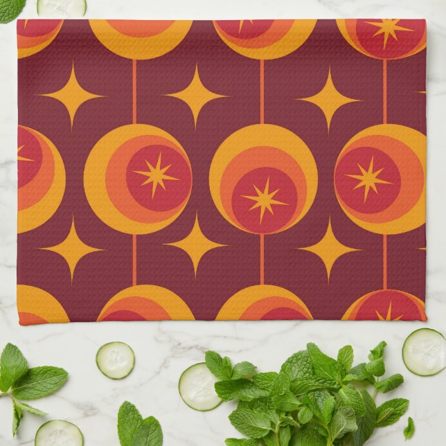 Mid Century Starbursts Pattern on Retro Circles Tea Towel (Folded)