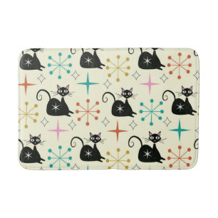 Mid Century Starbursts with Black Atomic Cat  Bath Mat