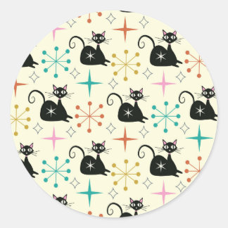 Mid Century Starbursts with Black Atomic Cat Classic Round Sticker
