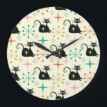 Mid Century Starbursts with Black Atomic Cat  Large Clock<br><div class="desc">This is cute black atomic cats pattern with mid century retro starbursts in pink,  orange and teal on light cream background . It's great looking clock for cat lovers</div>