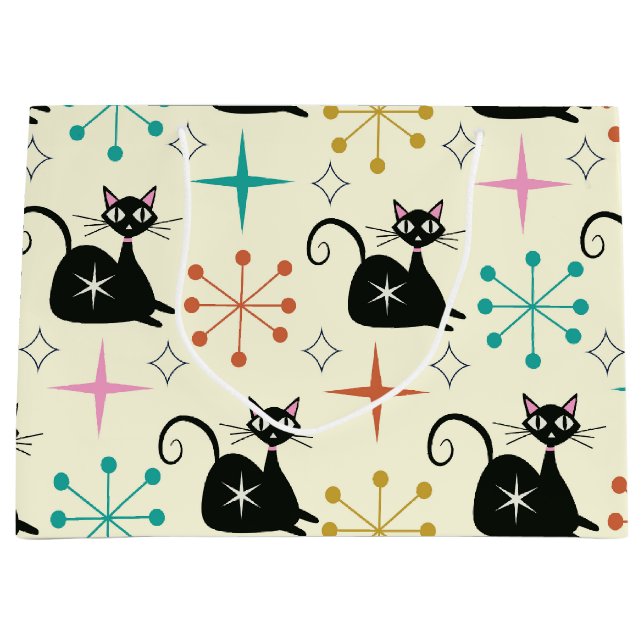 Mid Century Starbursts with Black Atomic Cat  Large Gift Bag (Front)