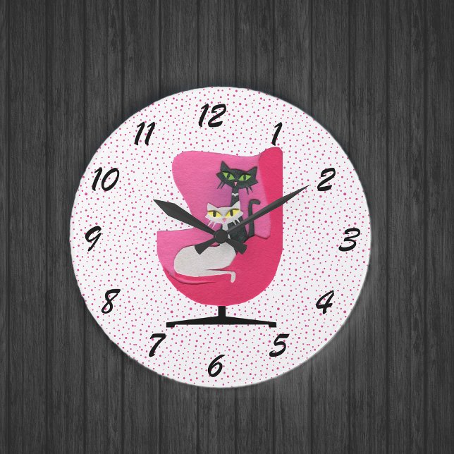 Mid Century Style Cats in Pink Chair Polka Dots Large Clock (Mid century style two cats in pink vintage chair pink polka dots on white wall clock.)