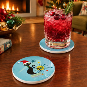 Mid Century Style Christmas Cat Sandstone Coaster