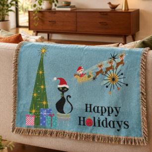 Mid Century Style Christmas Cat Throw Blanket