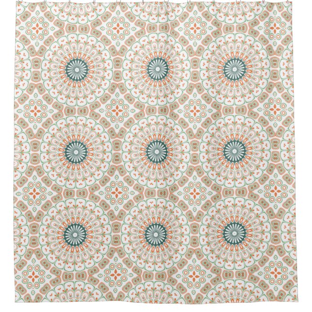 Mid-Century Style Green and Orange Medallion Shower Curtain (Front)