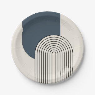 Mid Century style line art with dark blue arch Paper Plate