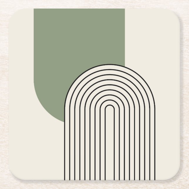 Mid Century style line art with green arch Square Paper Coaster (Front)
