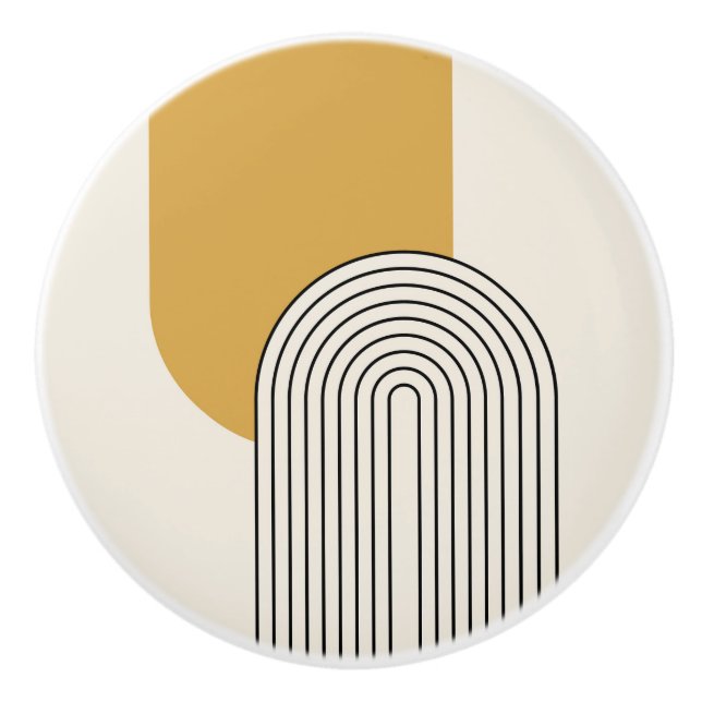 Mid Century style line art with mustard colour arc Ceramic Knob (Front)