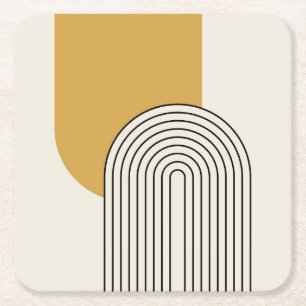 Mid Century style line art with mustard colour arc Square Paper Coaster