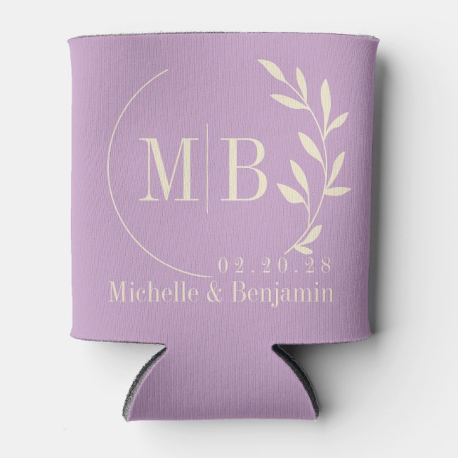Mid-Century Summer Lilac Leaf Wedding Monogram Can Cooler (Front)