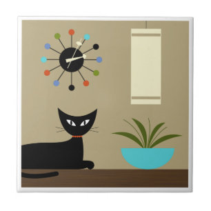Mid Century Tabletop Cat with Ball Clock Tile