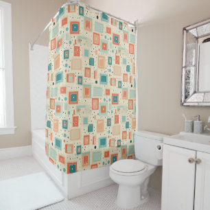 Mid Century Teal Blue Orange Abstract Square Shower Curtain