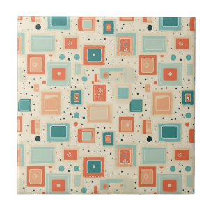 Mid Century Teal Blue Orange Abstract Square Tile