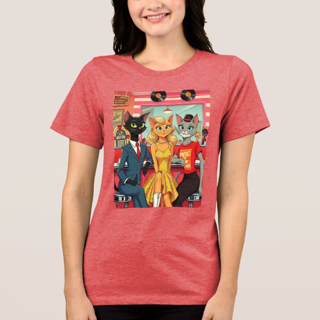 Mid Century Teenage Cats in a Diner Tri-Blend Shirt (Front)