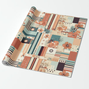 Mid Century Terracotta Teal Geometric Floral Wrapping Paper