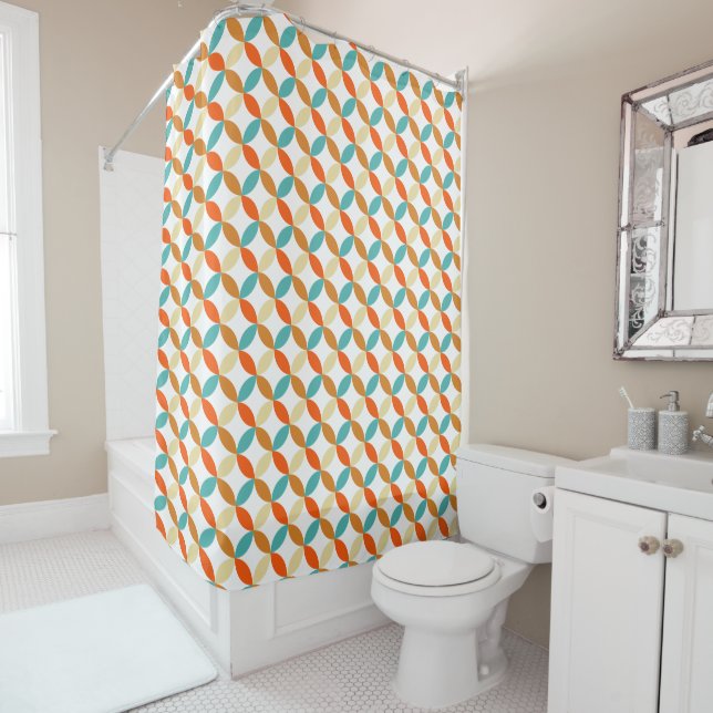 Mid-century Turquoise Orange Cream Circles Pattern Shower Curtain (In Situ)
