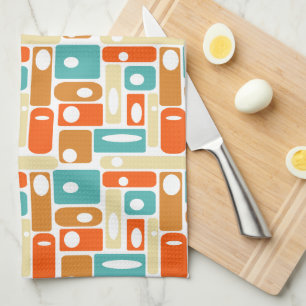 Mid-century Turquoise Orange Rectangles Pattern Tea Towel