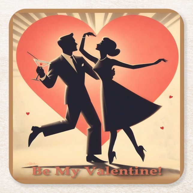Mid Century Valentine Dancing Couple with Martini Square Paper Coaster (Front)