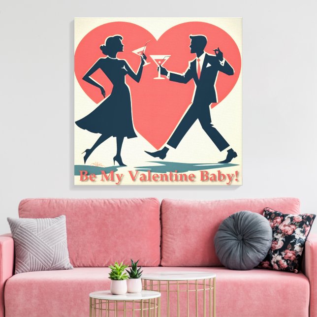 Mid Century Valentine Hip Martini Dancing Couple Canvas Print (Insitu(LivingRoom))