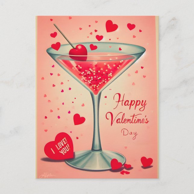 Mid Century Valentine Martini cocktail Holiday Postcard (Front)