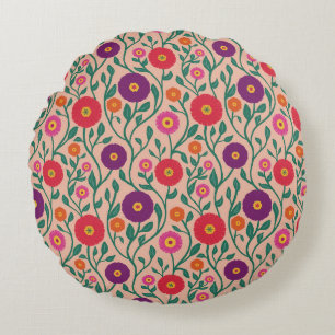Mid-Century Vine Flower Garden Garland Peach Round Cushion