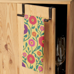 Mid-Century Vine Flower Garden Garland Yellow Tea Towel