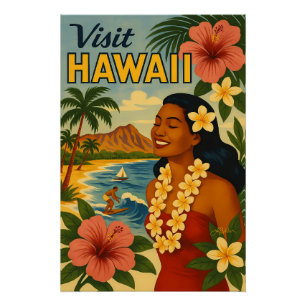 Mid Century Visit Hawaii Tourism Art Poster