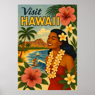 Mid Century Visit Hawaii Tourism Art Poster