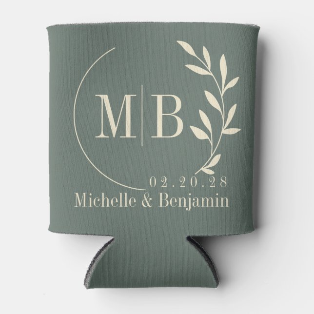 Mid-Century Warm Grey Leaf Wedding Monogram Can Cooler (Front)