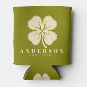 Mid-Century Warm Olive Four Leaf Clover with Name Can Cooler