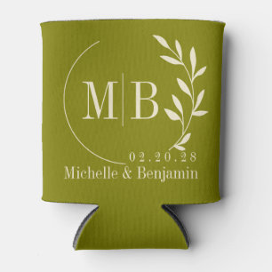 Mid-Century Warm Olive Leaf Wedding Monogram Can Cooler