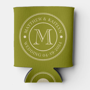 Mid-Century Warm Olive Wedding Monogram Can Cooler