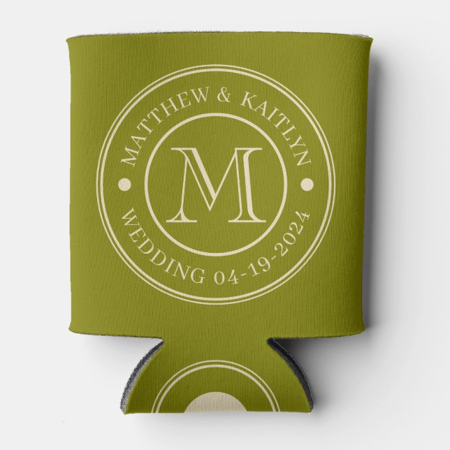 Mid-Century Warm Olive Wedding Monogram Can Cooler (Front)