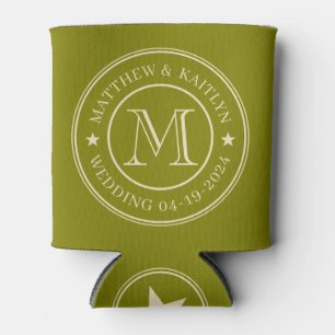 Mid-Century Warm Olive Wedding Monogram Star Can Cooler