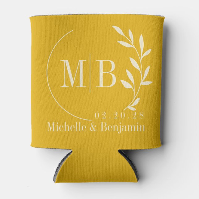 Mid-Century Warm Sunflower Leaf Wedding Monogram Can Cooler (Front)