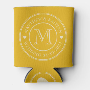 Mid-Century Warm Sunflower Wedding Monogram Heart Can Cooler