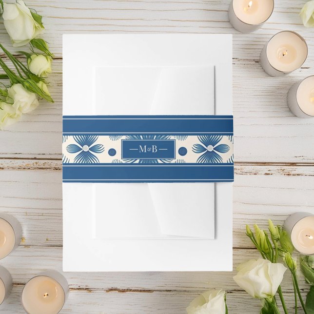 Mid-Century Wedding Flowers | Blue | Monogram  Invitation Belly Band (Creator Uploaded)