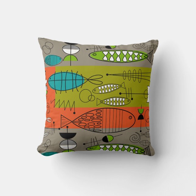 Mid-Century Whimsical Fish Art Teal Brown Orange Cushion (Front)