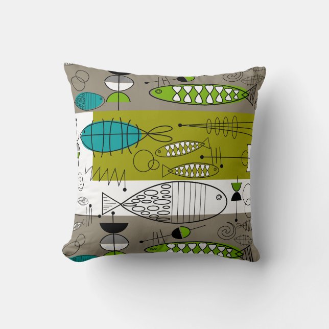 Mid-Century Whimsical Fish Art Teal Lime Cushion (Front)
