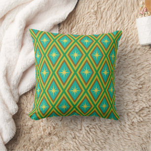 Mid Century Yellow Starbursts on Green Diamonds Cushion