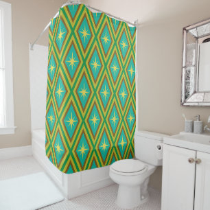 Mid Century Yellow Stars on Harlequin Diamonds  Shower Curtain