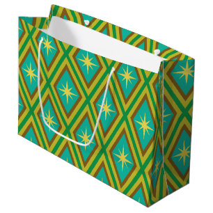 Mid Century Yellow Stars on Retro diamonds Pattern Large Gift Bag